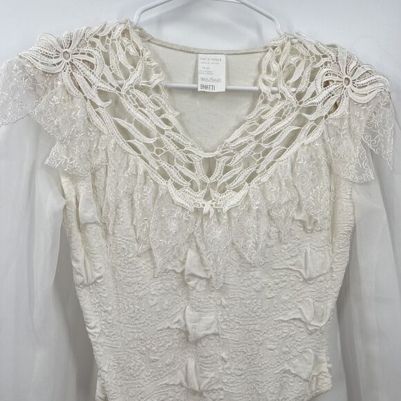 VTG Bhatti France Lace Ruffle Bodysuit Shoulder Pads Victorian S/M Classy - Picture 4 of 16